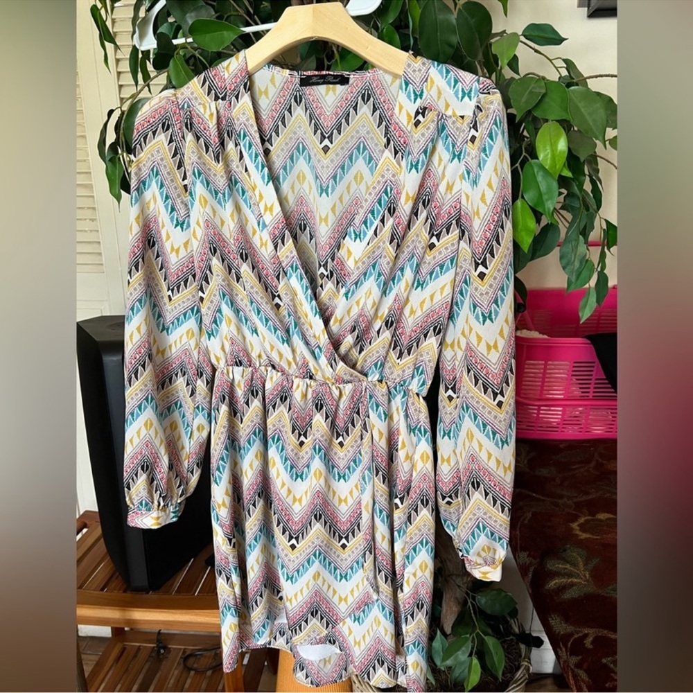 Blue Tan Chevron Midi Sundress with Plunge Neckline